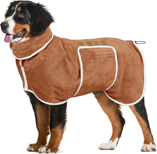 Dog Bathrobe Towel Dog Drying Coat - Super Absorbent Towels Bath Robe for Dogs Large, Soft Adjustable Collar & Belly Strap Fast Drying Coat Pet Cat Bath Robe (Brown, Large)