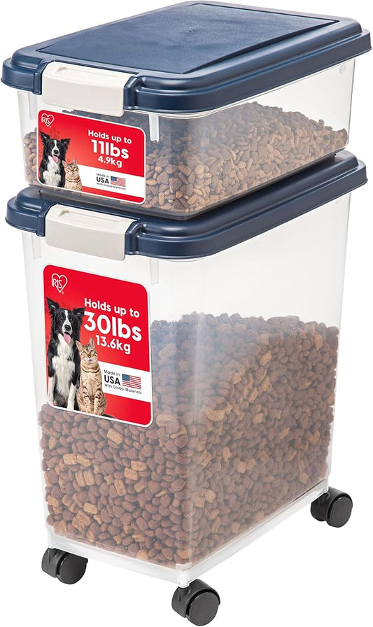 IRIS USA Dog Food Storage Container, 30 lbs & 11 lbs Combo, Cat Food Storage Container, Dog Treat Container, Airtight, Stackable, Wheels, Easy Mobility, Navy