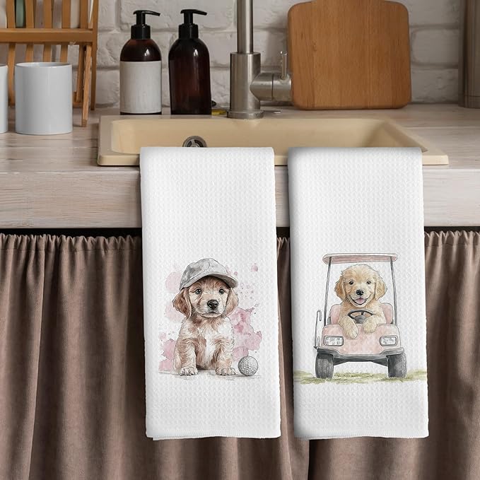 Golf Dog Kitchen Towels - Golden Retriever Dish Towels, Sports Gifts, Pet Golf Club Decorative Absorbent Dishcloths Hand Towels Set of 2 for Spa Kitchen Gym Decor 16x24 Inches