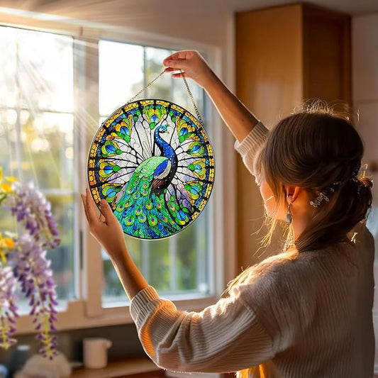 8 Inch Stained Glass Suncatcher Ornament, DOUHASU Peacock Sun Catchers Indoor Window, Stained Glass Window Hanging, Home Decor, Peacock Lovers for Mom, Grandma, Friend, Bestie, Couple