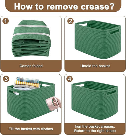Storage Baskets for Organizing, Woven Decorative Baskets for Shelves - Books, Towels, and Clothes, Cotton Rope Toy Storage Bins, 12.7''Lx9''Wx7.8''H, Pack of 4, Green