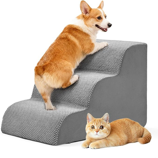 DUMOS Dog Stairs Ramp for Small Dogs and Cats, 3-Step Curved Pet Dog Steps with High-Density Foam for Puppy and Older Cats, Indoor Non-Slip Pet Ladder Ramp Stairs for Couch, High Beds, Sofa, Car, Grey