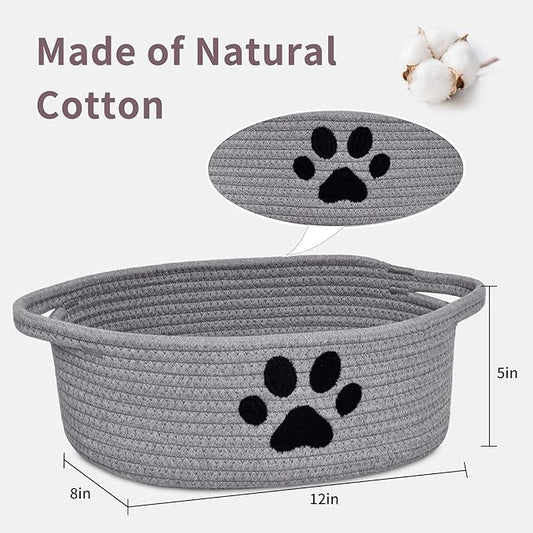 ABenkle Small Woven Basket with Handle, Cute Dog Paw Baskets for Gifts Empty, Decorative Rope Woven Storage Dog Toy Basket, Nursery Baskets for Baby Shower, 12" x 8" x 5"