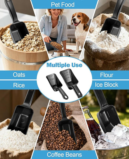 2-Pack Dog Food Scoop Set,1 Cup and 2 Cup Plastic Pet Food Measuring Scoops with Clear Measurement Lines,Multi-Purpose Pet Food Scooper for Dogs, Cats (Black)