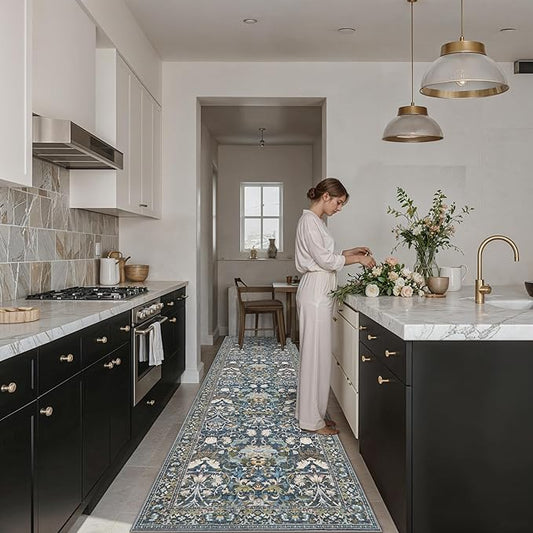 Hallway 3x10 Washable Runner Rug: Kitchen Rugs Entryway Area Rugs Vintage Soft Floor Mat Non Slip Indoor Farmhouse Carpet for Bathroom Living Room Bedroom Printed Rug for Family(3x10 Floral/Blue)