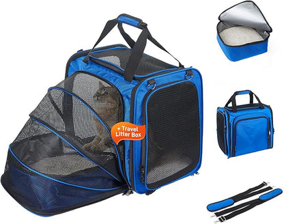 Expandable Cat Carrier with Litter Box, Extra Large Cat Carrier for Car Travel, 17.3"x16.2"x13" Portable Soft-Sided Pet Carrier, Long Road Trip Cage for Large/Medium Cats up to 30 lbs