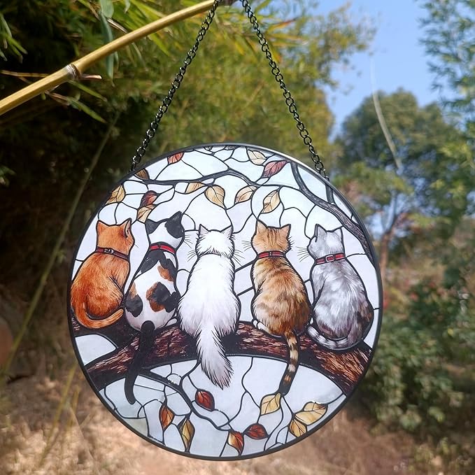 Cat Suncatcher Stained Glass Window Hanging (7.8 in) - Gifts for Cat Lovers Women Mom Grandma Friend Teacher Birthday and Housewarming Wall Art Decor for Kitchen Living Room Indoor Windows