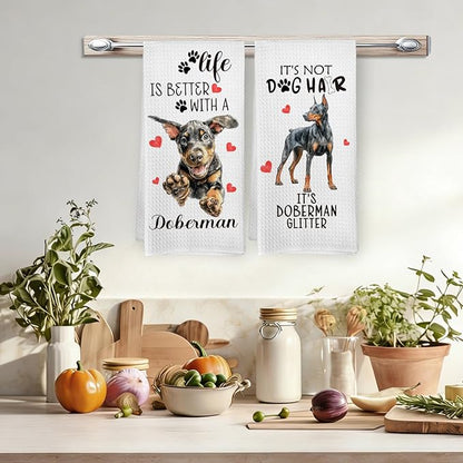 Doberman Gifts Kitchen Towels Set of 2, Funny Dog Hand Towels for Kitchen Bathroom Decor, Life is Better with A Doberman Gifts for Women Dog Lovers Moms Owners Dishcloths Dish Towel 16X24 Inches