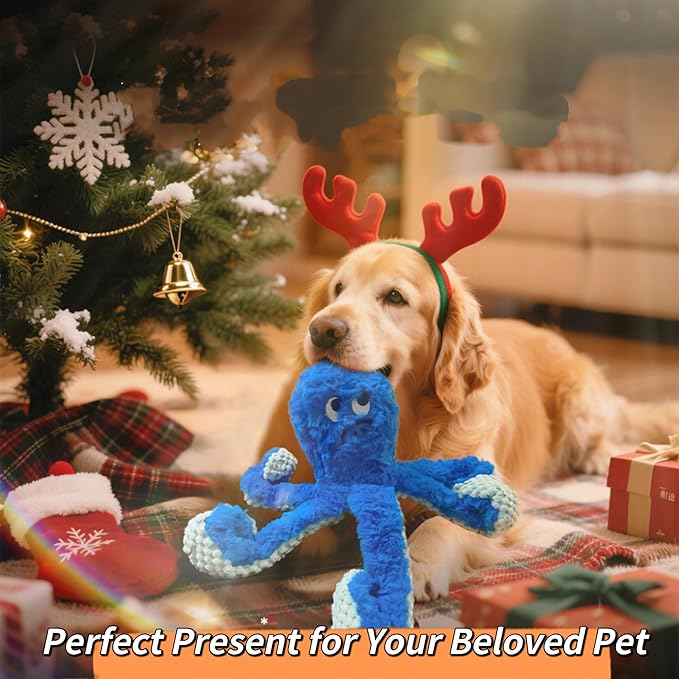 TRAVEYO Blue Octopus Dog Toys with Squeaker, Interactive Pet Toys for Dogs and Cats, Dog Treat Toys with Soft Rope Tentacles with Treat Hiding Pockets, 14.17 Inches
