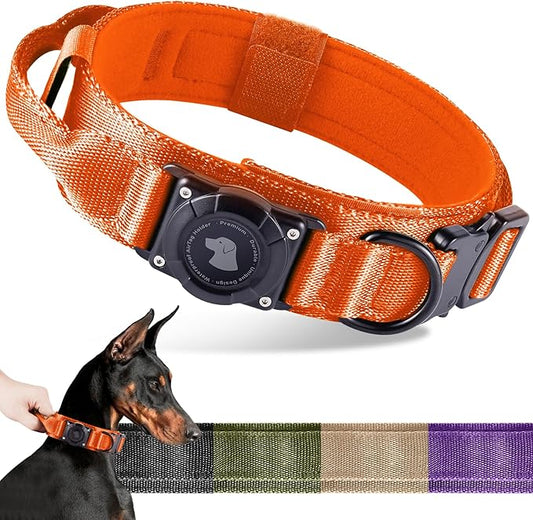2026 Upgrade Waterproof AirTag Dog Collar, Military Tactical Dog Collar with AirTag Holder, Comfortable Control Handle and Metal Buckle, GPS Dog Collar Holder for Medium to Large Dogs (Orange, M)