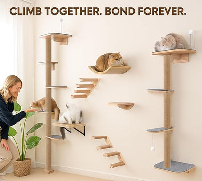 5-Tier Floor-to-Ceiling Cat Tree Tower, Upgraded Grey Felt Kittens Wall Shelves, Rotatable Platforms & 3-Inch Wall Gap, Wild Simulation Kitten Playground