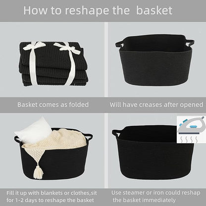 Large Rectangle Blankets Basket Living Room 22"x17"x12" Woven Cotton Rope Storage Baskets for Nursery Toy Baskets for Kids and Dogs Wicker Laundry Basket Bin for Clothes Towels black