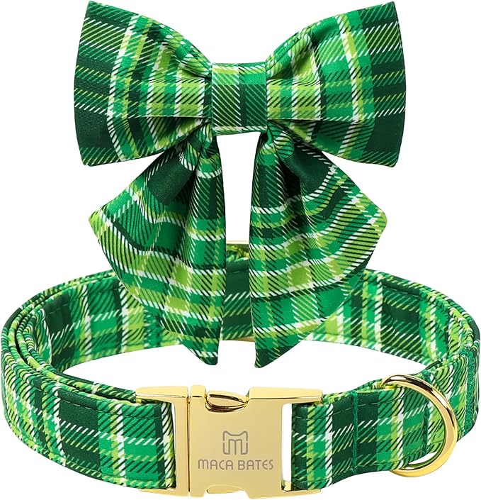 Maca Bates Irish Plaid Dog Collar with Sailor Bow Tie,Shamrock Green Gingham Pattern for Small Girl Boy Dogs,Adjustable Durable Soft Collars Gift for Male Female Puppy