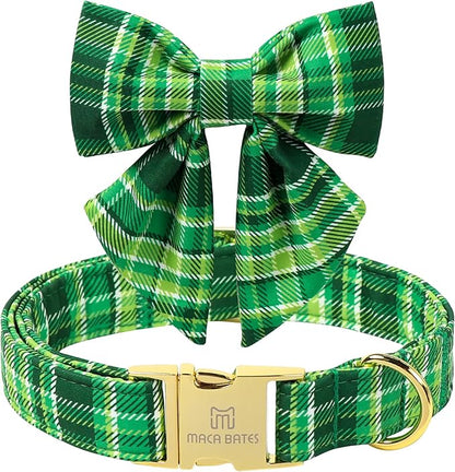 Maca Bates Irish Plaid Dog Collar with Sailor Bow Tie,Shamrock Green Gingham Pattern for Medium Girl Boy Dogs,Adjustable Durable Soft Collars Gift for Male Female Puppy