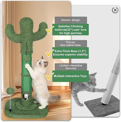Tall Cat Scratching Post for Indoor Cats Adults, Cat Scratch Post with Sisal Rope Claw Scratcher, Solid Wood Cat Tower with Scratching Post and Cat Toys Mouse Hole,Cactus Small Cat Tree(Green Cactus)
