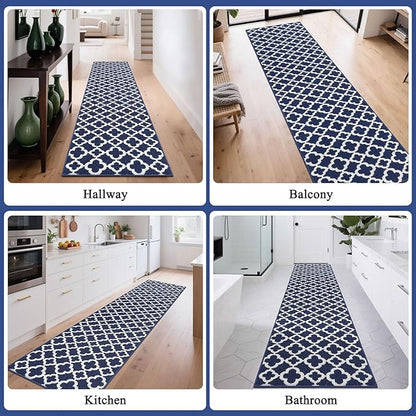 U'Artlines Long Runner Rug for Hallway 2×10feet Non Slip Kitchen Floor Carpet Runners Blue Geometric Pattern Machine Washable Area Rug for Entryway Bathroom