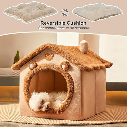 JIUPETY Dog House Dog Bed with Cover Cave with Non-Slip Bottom, M Size Tent Bed for 7-14 Lb Dogs and 9-17 Lb Cats, Brown