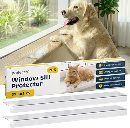 PROTECTO 2-Pack Window Sill Protector from Dogs 35.5 x 2.25 Clear Window Guards from Cats Scratching, Chewing & Clawing | Keep Your Sills Smooth & Paws Safe | Ultra Strong Window Sill Cover Protection