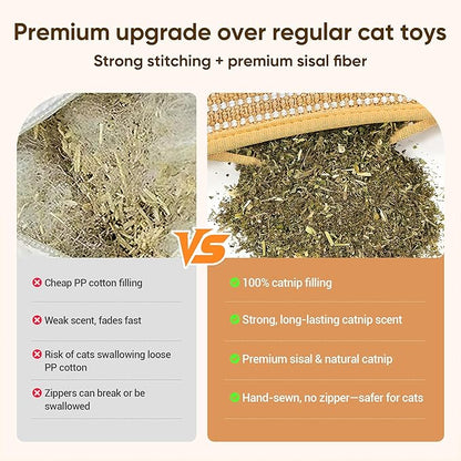 Sisal Catnip Pillow Toy Kickers, 2 Pack Interactive Catnip Toys with Organic 8000mg Herbal Blend for Indoor Scratching, Chewing & Teething, Fun for Kittens and Adult Cats