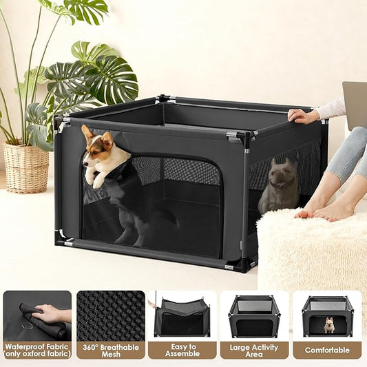 EHEYCIGA 42x42x26 Inches Puppy Playpen Without Top Cover for Dogs & Cats Indoor or Outdoor - Dog Playpen with Door, Dog Fence for Small Animal with Heavy-Duty Oxford & Steel Frame, Dark Grey