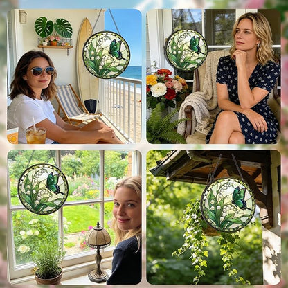 Stained Glass Window Hanging, 7.8″ Lily of The Valley Butterfly Sun Catchers Indoor Window Decor, Decorative Suncatchers Hanging Ornaments Home Garden Art Gift for Housewarming