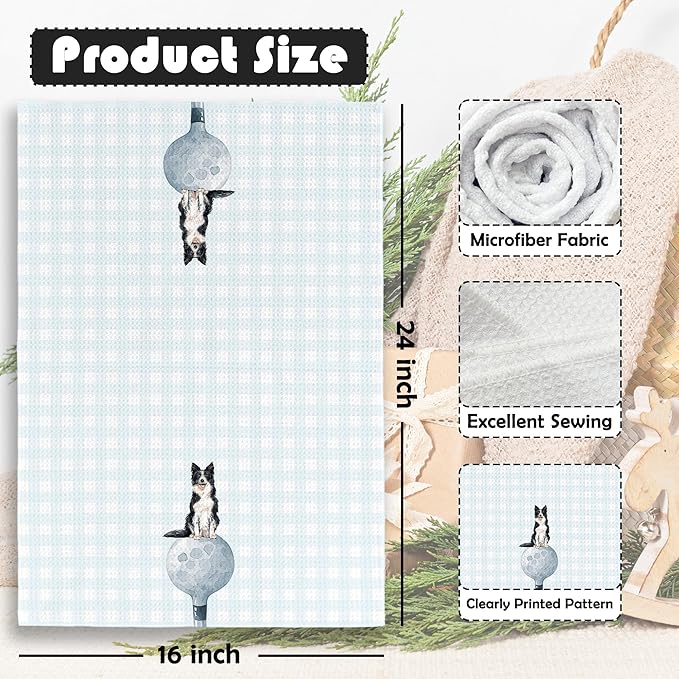 Golf Dog Kitchen Towels - Border Collie Dish Towels, Sports Gifts, Pet Golf Club Decorative Absorbent Dishcloths Hand Towels Set of 2 for Spa Kitchen Gym Decor 16x24 Inches