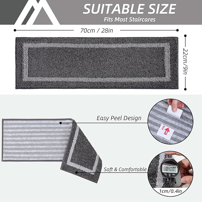 COSY HOMEER Soft Stair Treads 15pcs Non-Slip Carpet Mat 28inX9in Indoor Stair Runners for Wooden Steps, Stair Rugs for Kids and Dogs, 100% Polyester TPE Backing Black,Square
