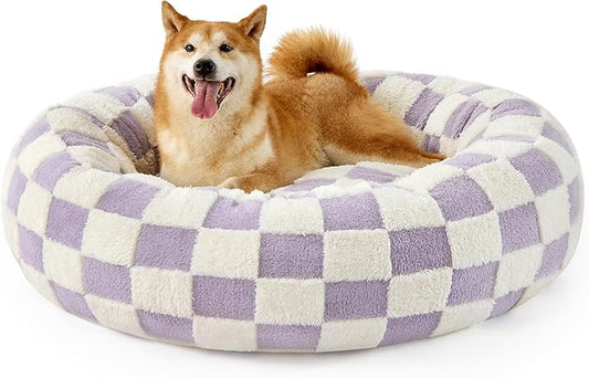 LE SURE Shown on TV Donut Large Dog Bed - XL Round Cat Beds Indoor Anti-Anxiety Calming Bed Present for Pets, Washable Cute Bed with Jacquard Shaggy Plush & Anti Slip Bottom, 36 Inch, Purple