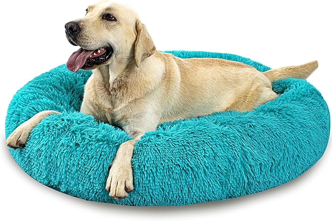 Calming Dog Bed for Big Dogs, 39'' Round Anti-Anxiety Warm Fluffy Plush Faux Fur Bed, Soft Anti-Slip Donut Washable Big Pet Bed, Cozy Big Dogs Bed, Fits up to 100 lbs Pets