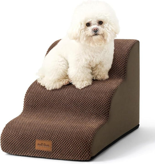 Wide Dog Stairs for Small Dog 15.7" H, Pet Step for Puppy, Older Cat, Curved Ramp for Couch, Durable Anti-Slip Ladder with High Density Foam, 3 Step, 17.7x22.4x15.7 inch, Brown