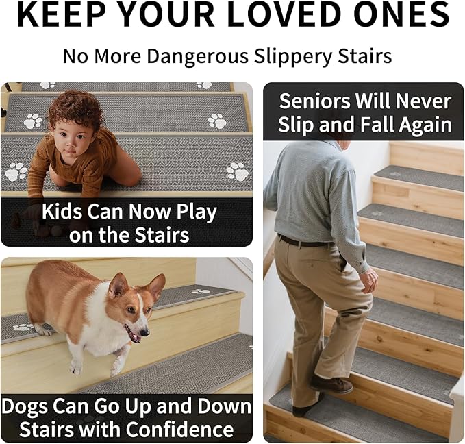 Square Stair Treads Non Slip Indoor 1PCS, Rubber Backing Stair Runner Rugs for Wooden Steps, Residue Free Stair Carpet Treads for Kids Elders Pets, Machine Washable Stair Mats, Gray, 30" x 30"