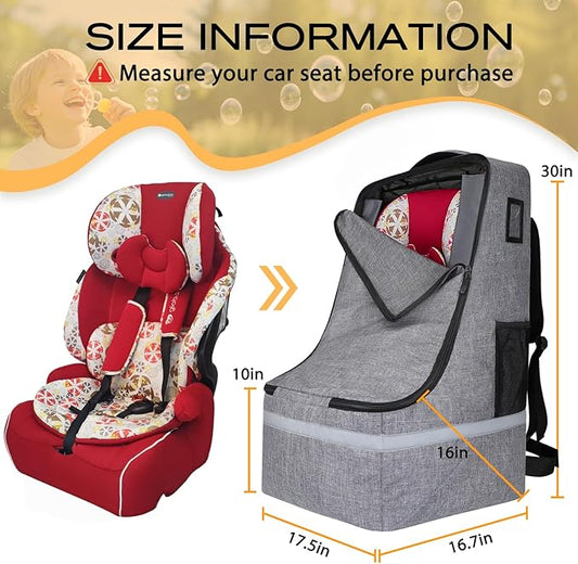 LARIPOP Car Seat Travel Bag for Airplane Gate Check Approved, Padded Backpack with Adjustable Straps, Reflective Strips & Protective Feet for Infant Convertible Booster Seats, Grey