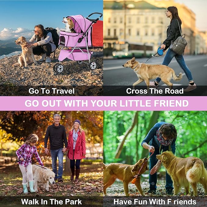 3 Wheels Dog Stroller, Foldable Pet Stroller for Small Medium Dogs, Portable Breathable Cat Stroller Dog Strollers with Storage Basket, Cup Holders, Removable Liner for Travel & Outdoor Use, Pink
