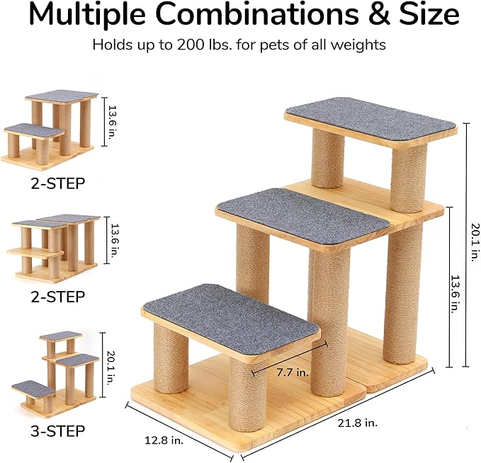 FUKUMARU Dog Stairs, Solid Wood Pet Stairs with Cat Scratching Post, Transformable Cat Ramp Can Hold Up to 200 lbs, 20 Inch Pet Steps for Dogs and Cats to Climb High Bed and Couch, Over 6 Combinations