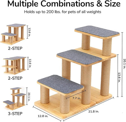 FUKUMARU Dog Stairs, Solid Wood Pet Stairs with Cat Scratching Post, Transformable Cat Ramp Can Hold Up to 200 lbs, 20 Inch Pet Steps for Dogs and Cats to Climb High Bed and Couch, Over 6 Combinations
