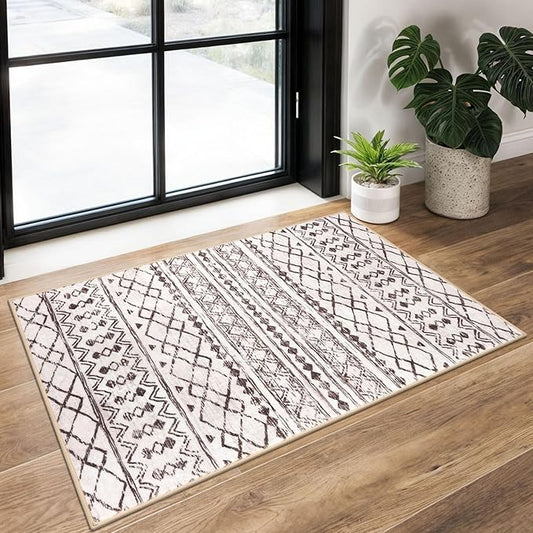 KUTA Moroccan Kitchen Rugs, 2x3 Brown Cream Entryway Rug Non-Slip Washable Small Indoor Door Mat, Ultra Soft Print Vintage Geometric Low-Pile Floor Carpet for Indoor, Entrance, Kitchen
