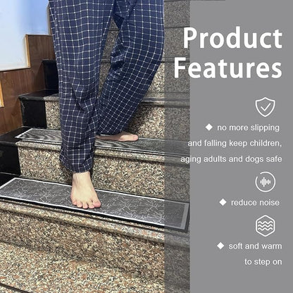 Nonslip Stair Treads Wooden Steps, 15 PCS 30" x 8" Safety Rug Slip Resistant Runner with Reusable Adhesive, Carpet Landing Mat for Family Elders Pets Soft Stair Mats Indoor (Grey)
