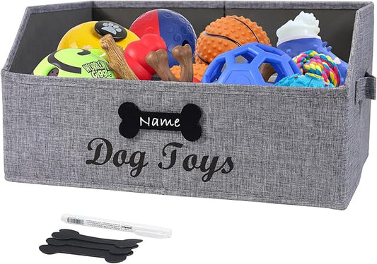 Geyecete dog toy basket Large dog toy bin dog toy box storage box-Foldable Fabric Trapezoid Organizer Boxes with Handle,Can be Personalized for Dog Toys (Gray-DOG)