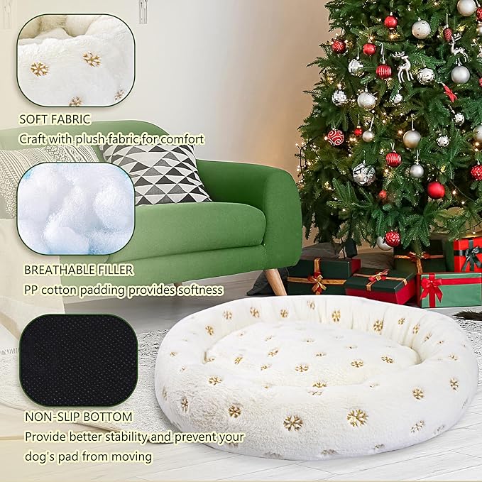 31 Inch Christmas Snowflakes Calming Dog Bed for Medium Dogs, Round Anti-Anxiety Warm Bed, Soft Cozy Anti-Slip Donut Washable Pet Bed, Fits up to 50 lbs Pets