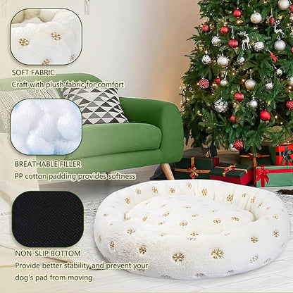 31 Inch Christmas Snowflakes Calming Dog Bed for Medium Dogs, Round Anti-Anxiety Warm Bed, Soft Cozy Anti-Slip Donut Washable Pet Bed, Fits up to 50 lbs Pets