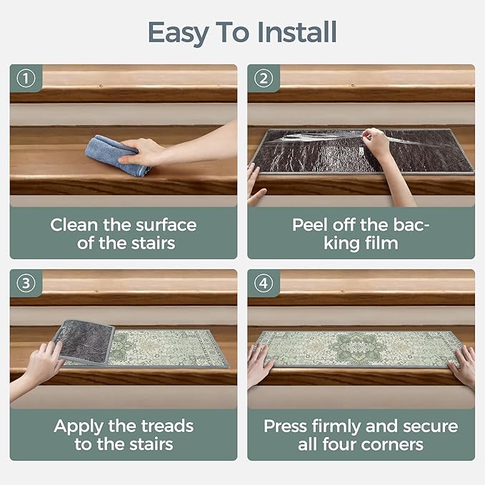 Non Slip Stair Treads for Wooden Steps 15PCS - 8"x30" Indoor Safety Carpet, Edging Mats with TPE Adhesive Backing, Pet and Elderly Friendly Stair Rugs (Mint&Green)