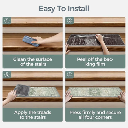 Non Slip Stair Treads for Wooden Steps 15PCS - 8"x30" Indoor Safety Carpet, Edging Mats with TPE Adhesive Backing, Pet and Elderly Friendly Stair Rugs (Mint&Green)