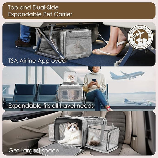 Top and 2 Sides Expandable Cat Carrier 18x13.5x9.5, TSA Airline Approved Dog Carriers for Small Dogs, Soft-Sided Pet Carrier with Self-Locking Zippers for Kitten,Rabbit, Puppy, Guinea Pig Grey