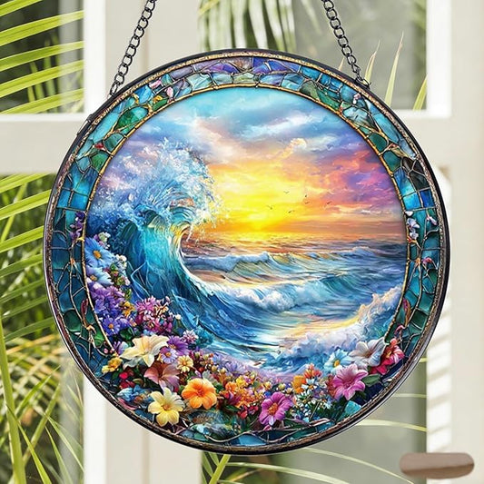 Stained Glass Window Hanging, 7.8″ Clouds and Sea Waves Sun Catchers with Hook Indoor Window Decor, Decorative Suncatchers Hanging Ornaments Home Garden Art Gift for Housewarming