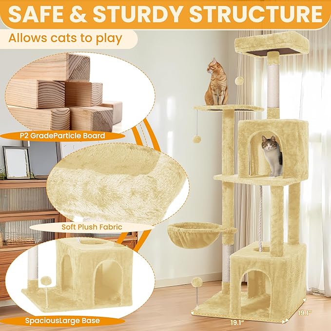 Cat Tree, 54-Inch Cat Tower for Indoor Cats, Soft Plush Multi-Level Climbing Cat Condo with Scratching Posts, Basket, Perches,2 Caves,2 Pompoms Play House for Cat(Beige)