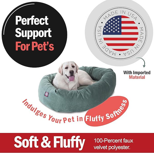Majestic Pet 40 Inch Micro Velvet Calming Dog Bed Washable – Cozy Soft Round Dog Bed with Spine for Head Support - Fluffy Donut Puppy Mat 40x29x9 (inch) Large – Azure (2025)