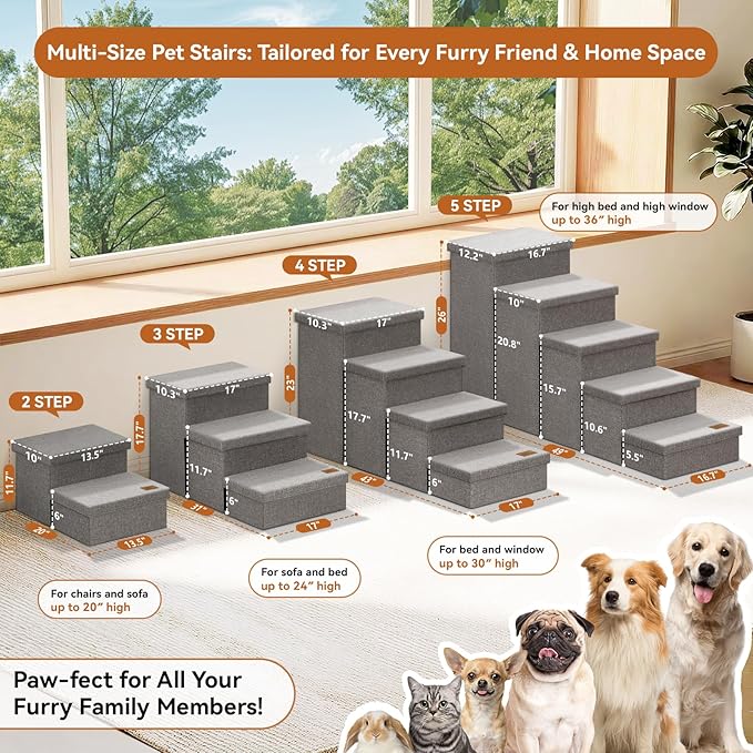 Dog Stairs with Storage 23" H, 4-Step Wider Dog Steps for High Beds Window, Folding Sturdy Pet Stairs Gift for Injured Old Dogs Cats, Ramp for Climbing Car Up to 200 lbs,(Gray, No Condo)