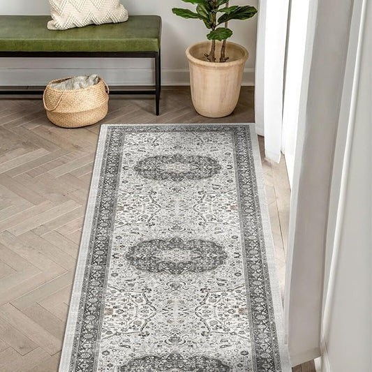 Hallway 2x6 Washable Runner Rug: Oriental Stain Resistant Kitchen Entryway Rugs Farmhouse Ultra Soft Bathroom Bedroom Print Floor Mat Thin Non Slip Indoor Carpet for Living Room Laudry (2 X 6, Grey)