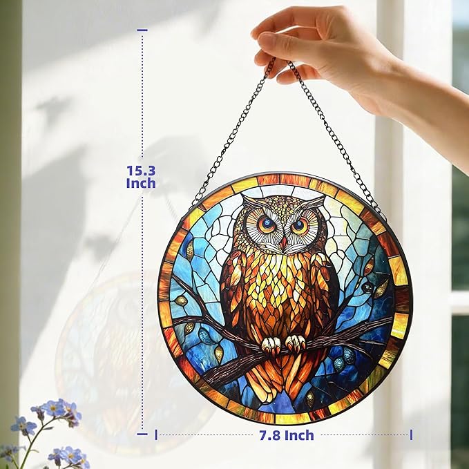 Owl Stained Glass Suncatcher,7.8-in Colorful Bird Window Hanging Ornament for Indoor & Outdoor Decor, Gift for Bird Lovers, Women, Mom, Grandma, Living Room, Garden, Porch, Housewarming