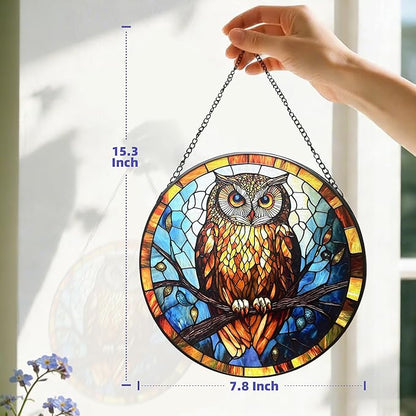 Owl Stained Glass Suncatcher,7.8-in Colorful Bird Window Hanging Ornament for Indoor & Outdoor Decor, Gift for Bird Lovers, Women, Mom, Grandma, Living Room, Garden, Porch, Housewarming
